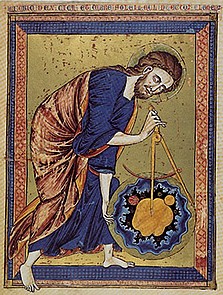 Dieu le Père mesure le monde - v.1250 enluminure extraite d'une bible moralisée (Cod. 2554, f°1r). Österreichische Nationalbibliothek - Vienne
